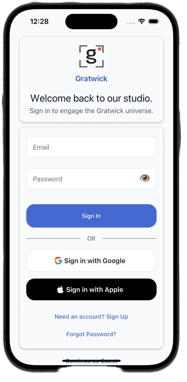 Gratwick mobile app login screen
